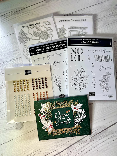 Stamp Sets and Dies from the Stampin' UP! Joy of Christmas Suite used to create Christmas Card