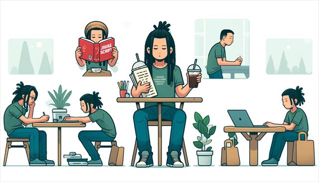 Create a wide illustration that captures a day in the life of a Japanese man with dreadlocks, dressed casually, as he completes reading a JavaScript book, signaling a sense of achievement. Include a scene where he is working on a laptop, possibly struggling with the creation of a tool for bot verification, showing a mix of concentration and slight frustration. Additionally, depict him writing in a blog at a fast food restaurant, a quieter setting than before, with an iced café latte and a serving of fries on his table, reflecting on personal growth and the realization that success is not about competing with others but about making small, steady progress. The illustration should be simple and minimalistic.