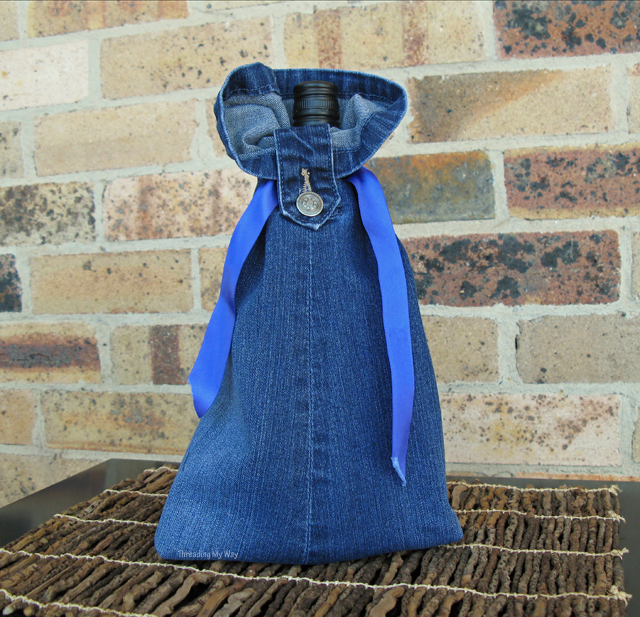 Make a re-usable denim wine bottle gift bag from a pair of jeans ~ Threading My Way