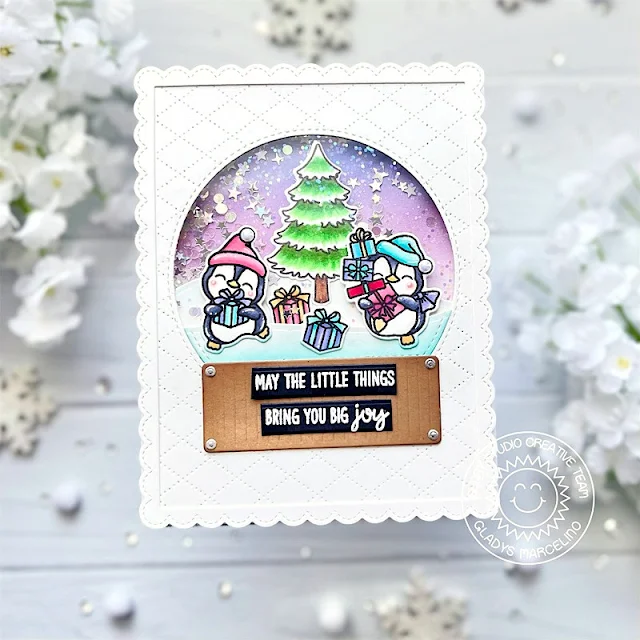 Sunny Studio Stamps: Dotted Diamond Background Die Focused Winter Holiday Card by Gladys Marcelino (featuring Penguin Party, Stitched Semi-Circle Dies, Fancy Frame Dies)