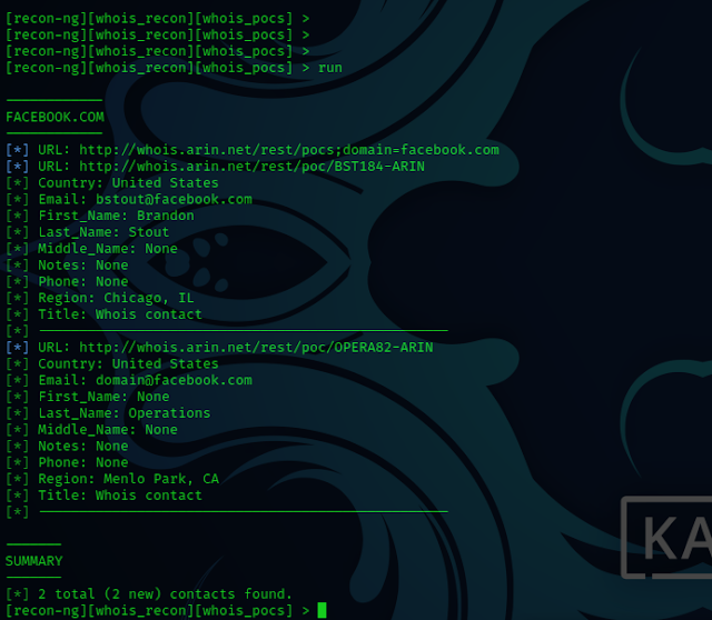 The ultimate goal of finding WHOIS information with Recon-ng