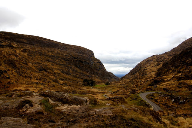 View of Gap of Dunloe Killarney, mountains and road with a gap between two mountains