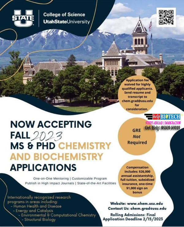 Utah State University MS Biochemistry Fall 2023 Accepting Applications | Fee Waived | No GRE Required