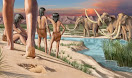 Prehistoric people sit on the riverbank and watch mammoths drink water from the river