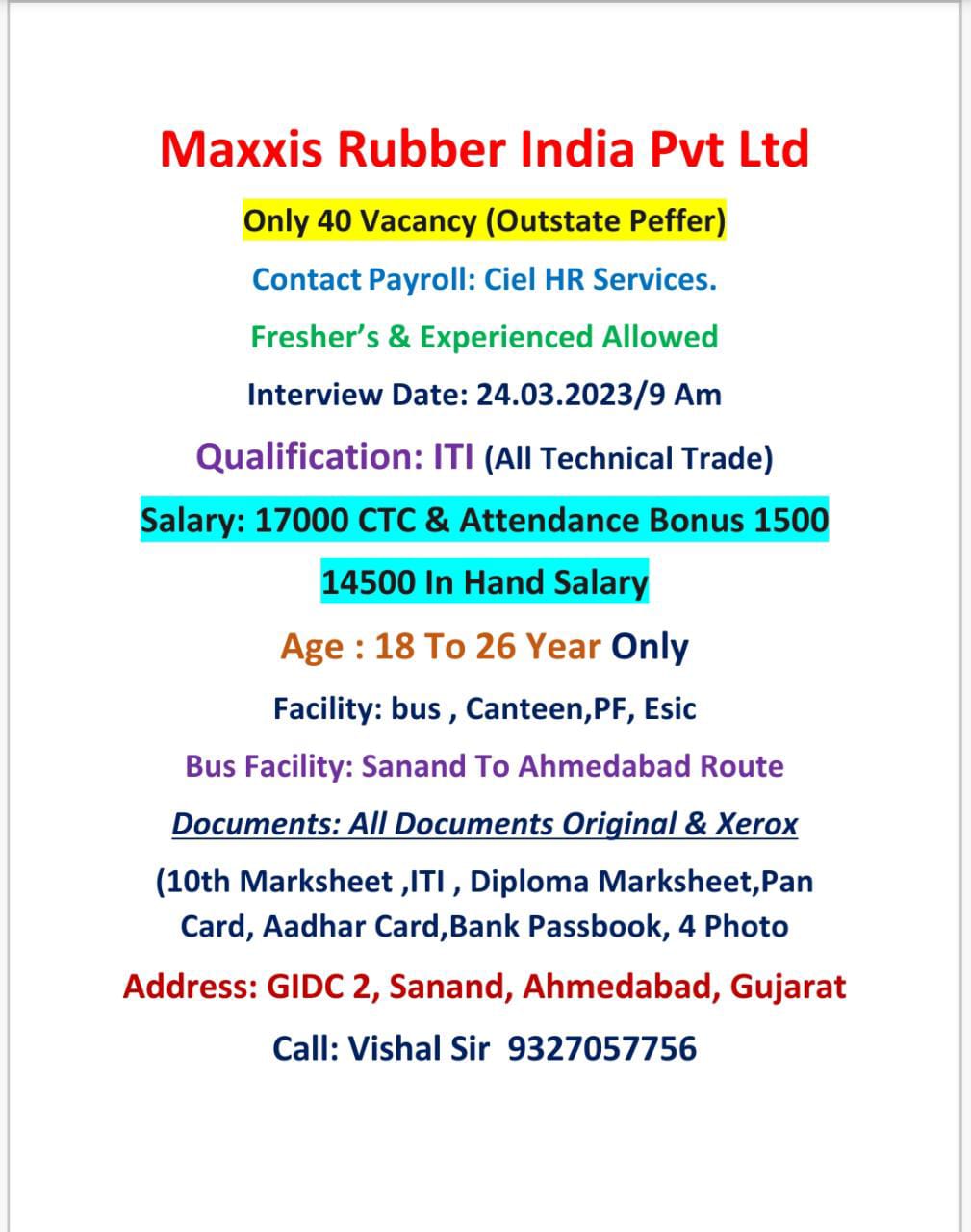 Maxxis Rubber Sanand vacancy 2023 | Private Company job vacancies