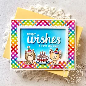 Sunny Studio Stamps: Puppy Dog Kisses Party Pups Fancy Frames Wishes Word Die Birthday Cards by Angelica Conrad
