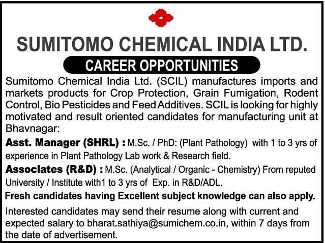 Sumitomo Chemical India Ltd (SCIL) | Urgent Openings for Freshers & Experienced in R&D at Bhavnagar, Gujarat