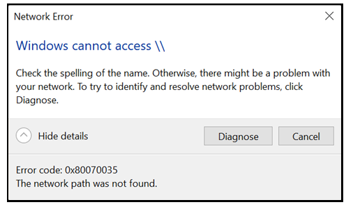Windows Cannot Access Error code: 0x80070035