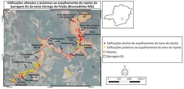 A figura a seguir indica o nível de extensão regional do impacto, logo após o rompimento da barragem.