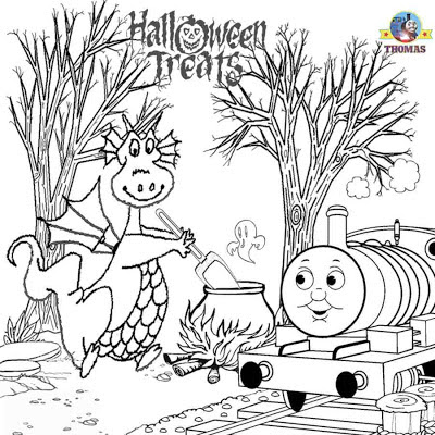 Printable Trick or treat friends Thomas Percy and the dragon Halloween colouring book pages for kids