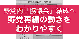 野党再編を睨んで、民主党岡田代表と維新の党松野頼久代表が話しあった。日本経済新聞の報道では、通常国会が終わった９月末から「協議会」を立ち上げ、臨時国会に向けて統一会派構想を練るなどの動きになるとみられる。同時期に１０月１日には橋下新党「おおさか維新（案）」が結党される。「協議会」の構想や政党の思惑、統一会派構想について整理しておく。