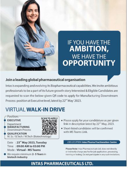 Intas Pharma Virtual Interview For MSc/ B Tech/ M Tech Biotechnology