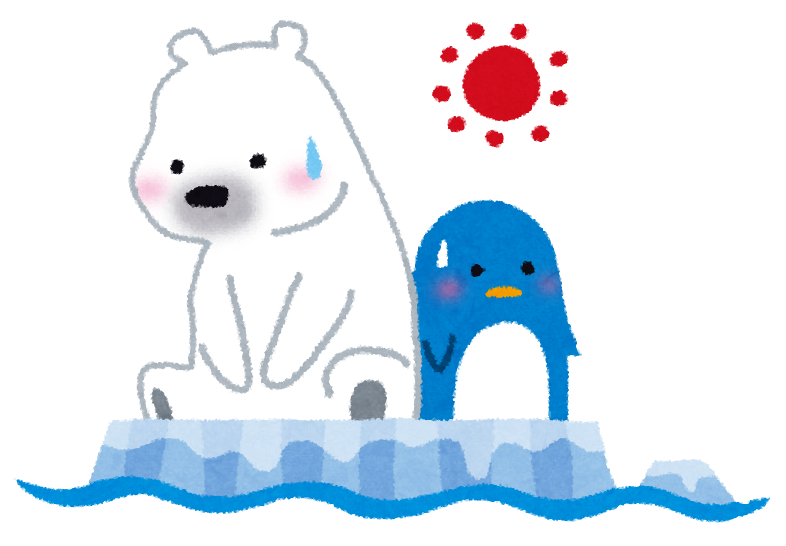 無料イラスト かわいいフリー素材集 地球温暖化のイラスト 氷の上のペンギンとシロクマ