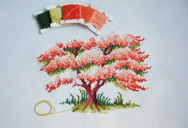 Blossoming Spring Cross Stitch Work in Progress, WIP, Sheila Hudson, The Ultimate Forest Friends Collection, Cherry Blossom