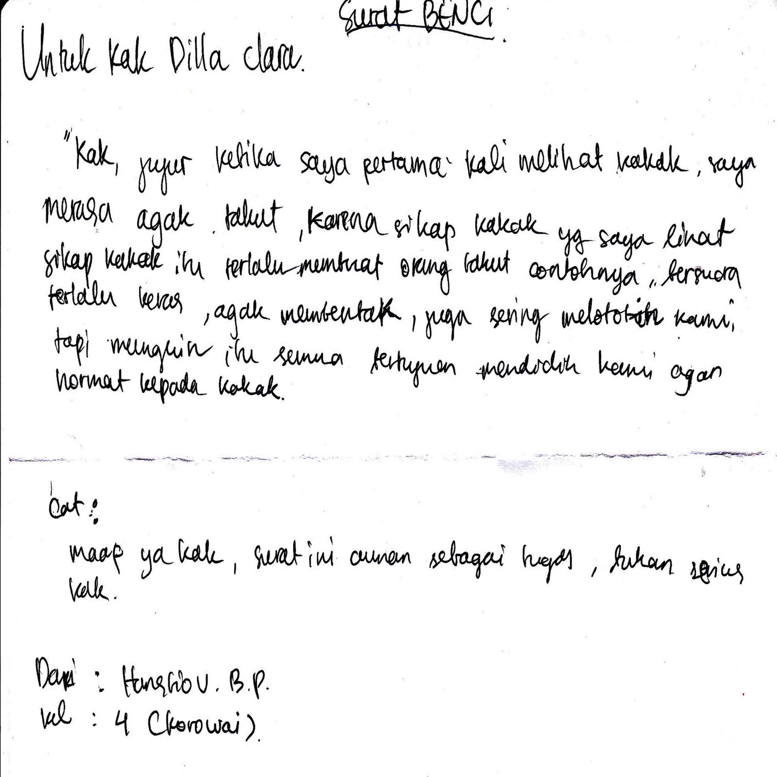 Surat Cina Dan Surat Benci MOS 2011 2012 Dear Dilla Clar Hallo