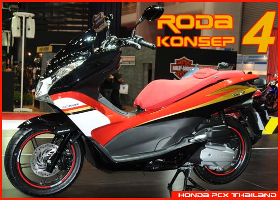 Foto Modifikasi Honda PCX Thailand konsep Roda 4 tampilan ini berkesan racing elegan hanya bermain nuansa cat ubahan part pendukung paduan kelir merah putih gold dan hitam memenuhi sekujur bodi serta stiker yang tertera melingkar disekujur pelek knalpot