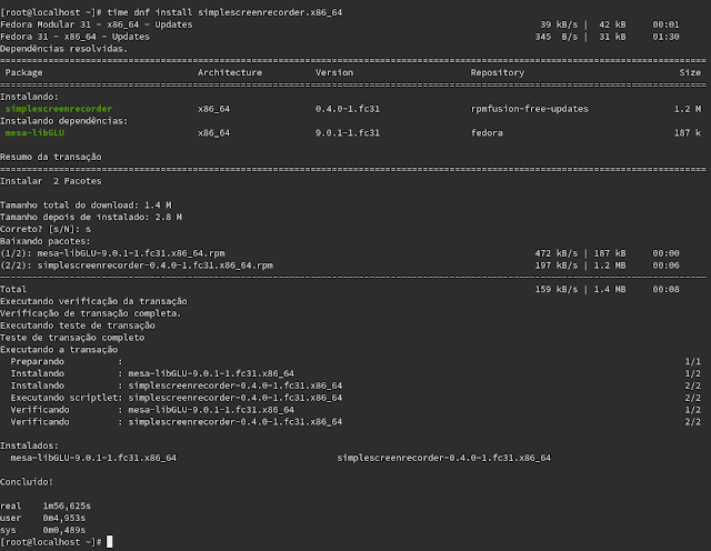 Tempo de instalação do Simple screen Recorder no Fedora 31.