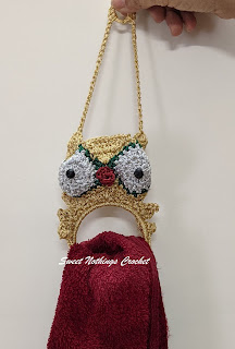 Sweet Nothings Crochet free crochet pattern blog, free crochet pattern for a winged owl towel ring holder, photo of the Winged Owl Towel Ring Holder,