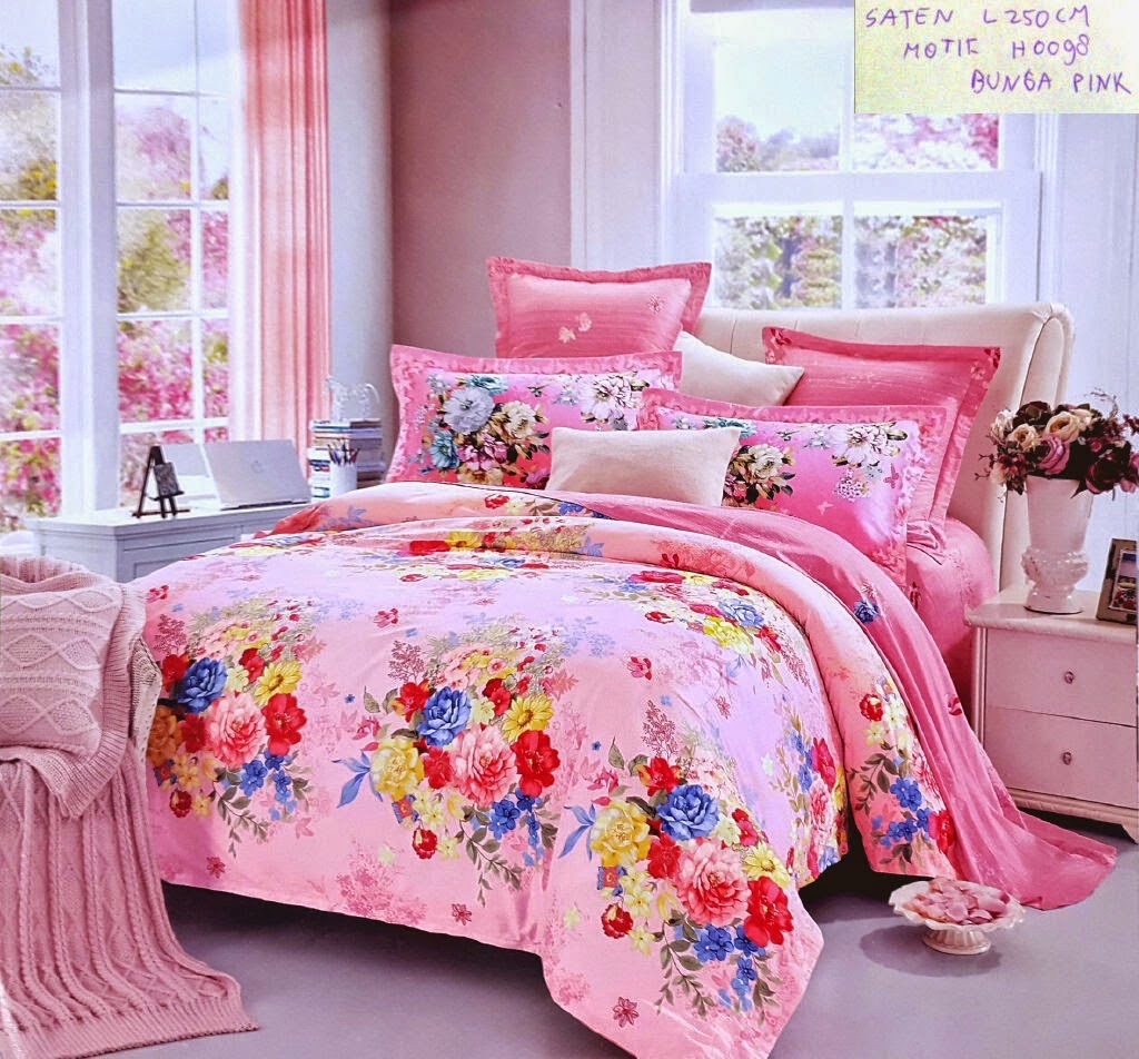 Sprei Satin Jepang Motif Bunga Pink