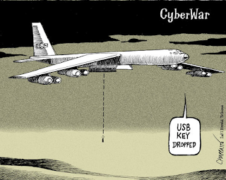 image:  cartoon by Tom Purcell about cyber warfare