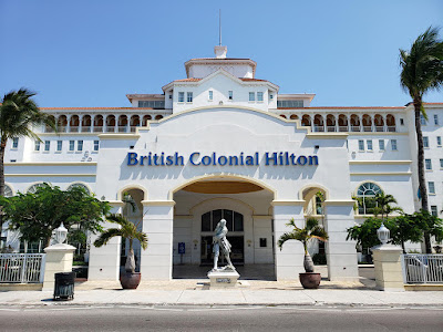 Hotel entrance showing statue in front