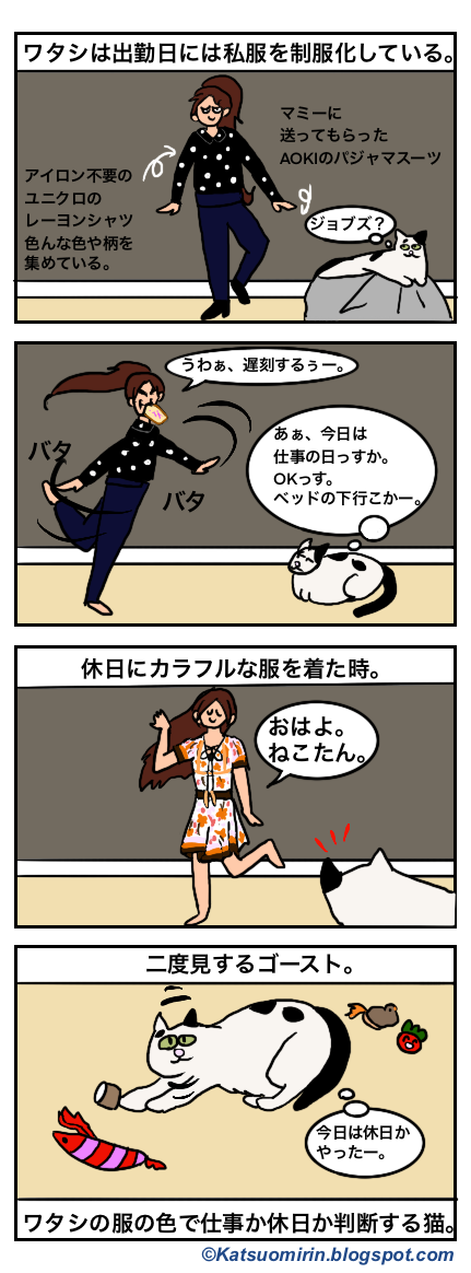 平日か週末か飼い主の服で判断するねこ