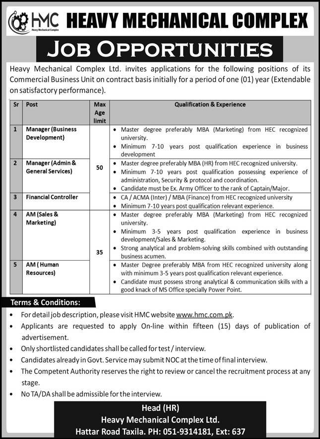 Latest Heavy Mechanical Complex HMC Management Posts Islamabad 2022