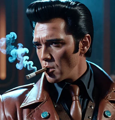 Side view from the shoulders up of Elvis wearing a red leather biker jacket and smoking a cigar with his hair poofed back