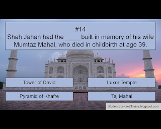 Shah Jahan had the ____ built in memory of his wife Mumtaz Mahal, who died in childbirth at age 39. Answer choices include: Tower of David, Luxor Temple, Pyramid of Khafre, Taj Mahal