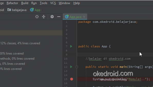 Memulai debugging ,dengan memilih Run > Debug program aplikasi java Intellij IDEA
