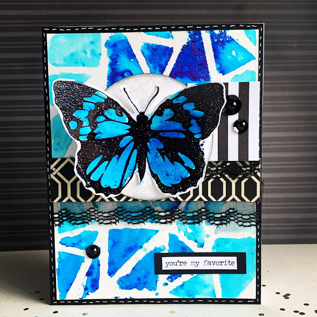 Stamped Handmade Card with Blue Butterfly colored with Brutus Monroe Color Burst Powders