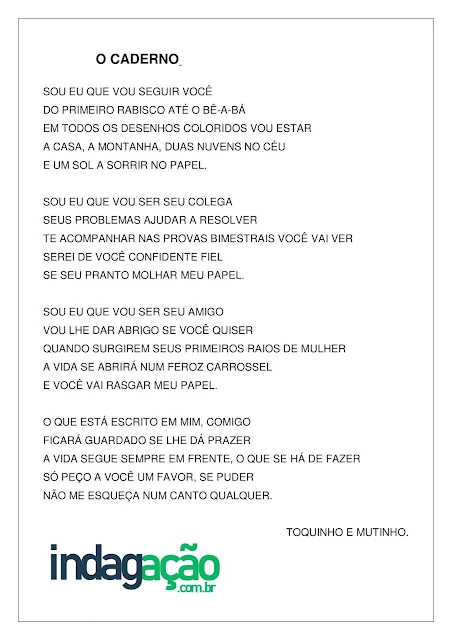 Atividade texto com música O Caderno de Toquinho