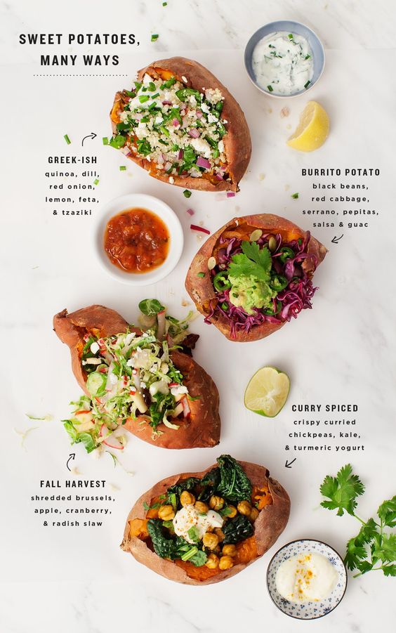 Baked, stuffed sweet potatoes are the perfect healthy weeknight dinner. Here are four easy ways to stuff them! Vegetarian, gluten free, vegan options.