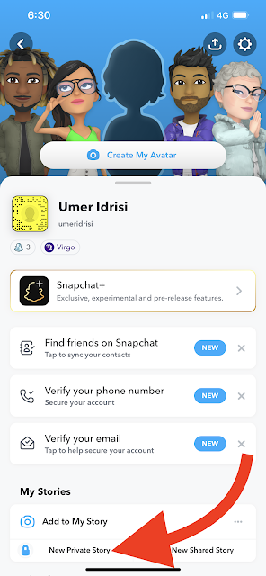 Under "My Stories" tap on New Private Story text