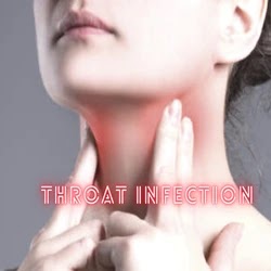 Sore throat: neck discomfort, a lady, and a gray backdrop