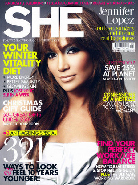 Jennifer Lopez on the cover of SHE magazine November 2009