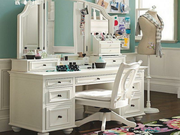 white bedroom dressing table with big mirror