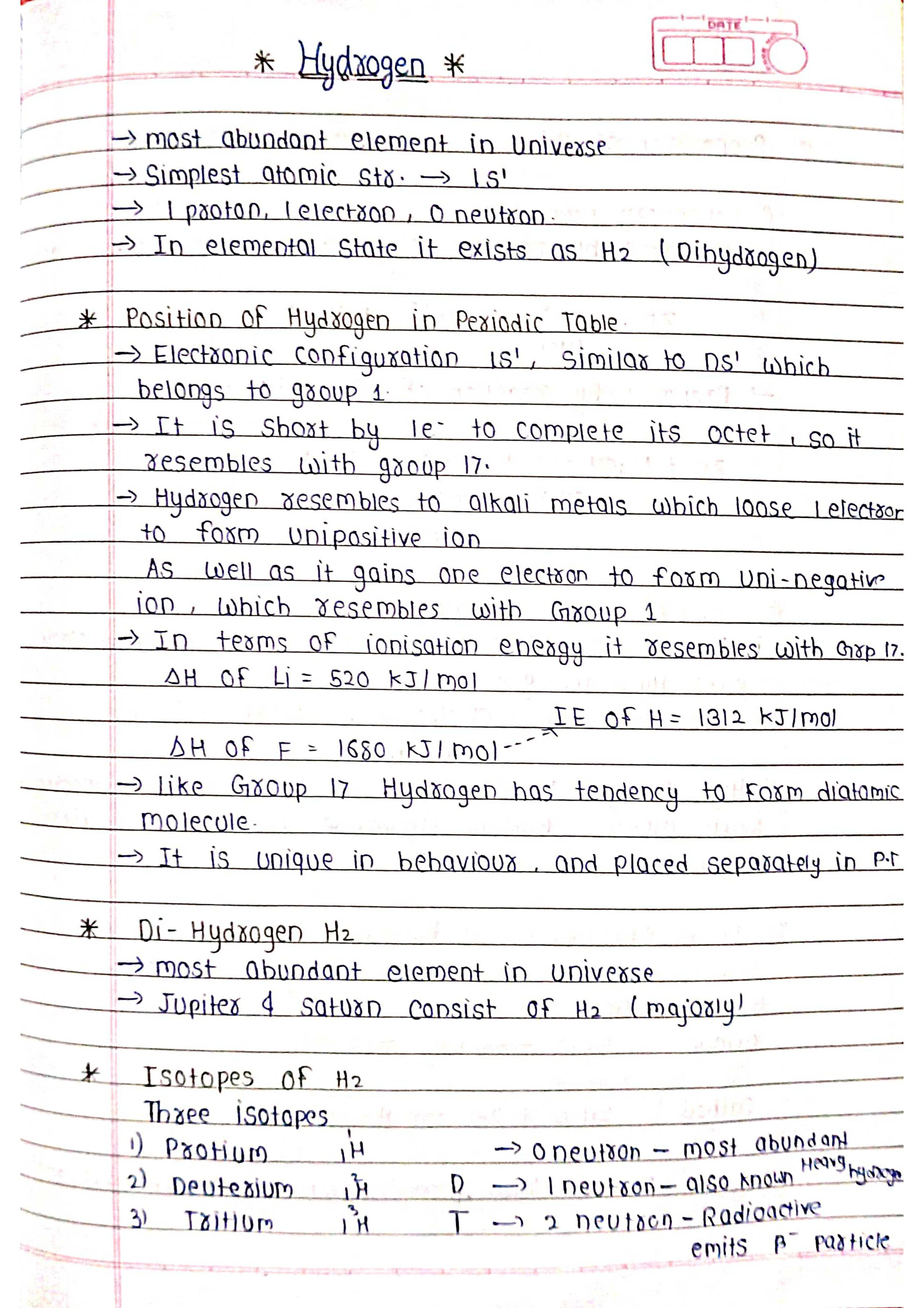 Hydrogen - Chemistry Short Notes 📚