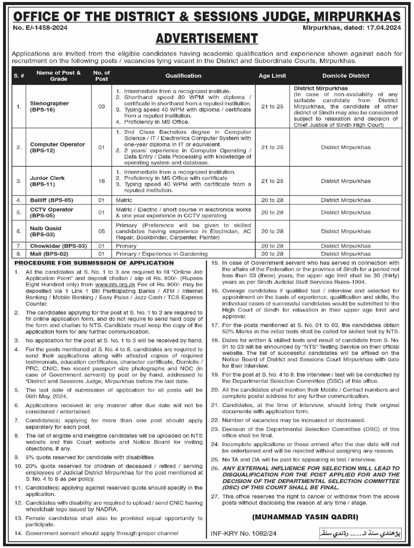 Office of the District and Sessions Judge Mirpurkhas Jobs