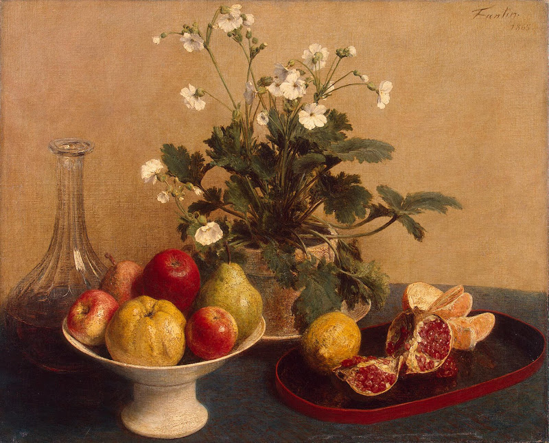 Still Life: Flowers, Dish with Fruit and Carafe by Henri Fantin-Latour - Still Life, Flowers, Fruits Paintings from Hermitage Museum