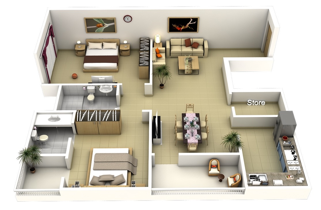 50 3D FLOOR PLANS, LAY-OUT DESIGNS FOR 2 BEDROOM HOUSE OR 