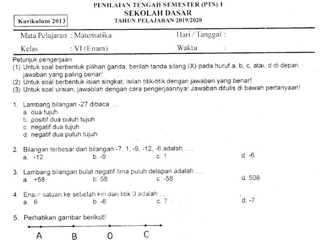 Kumpulan Soal Penilaian Tengah Semester (PTS) Ganjil Matematika Kelas 6 SD Terbaru Tahun 2019/2020 Gratis