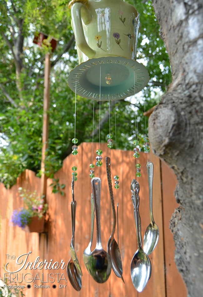 An adorable Recycled Teapot Wind Chimes idea with repurposed thrift store silverware. Budget-friendly Spring and Summer garden decor or handmade gift.t.