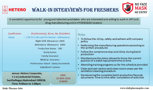 Hetero Labs | Walk-In Interviews for Freshers on 22nd Nov’ 2020