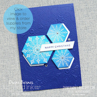 Graphic Christmas card using Stampin' Up! Joyful Flurry stamps and dies bundle, Wintry 3d folder, heat embossing and ink blending. Card by Di Barnes - Independent Demonstrator in Sydney Australia - cardmaking - diecutting - colourmehappy - stampsinkpaper