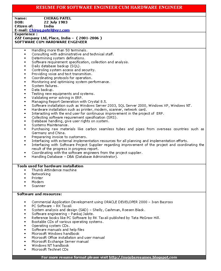 ... Resume for Software Engineer Cum Hardware Engineer , format for resume