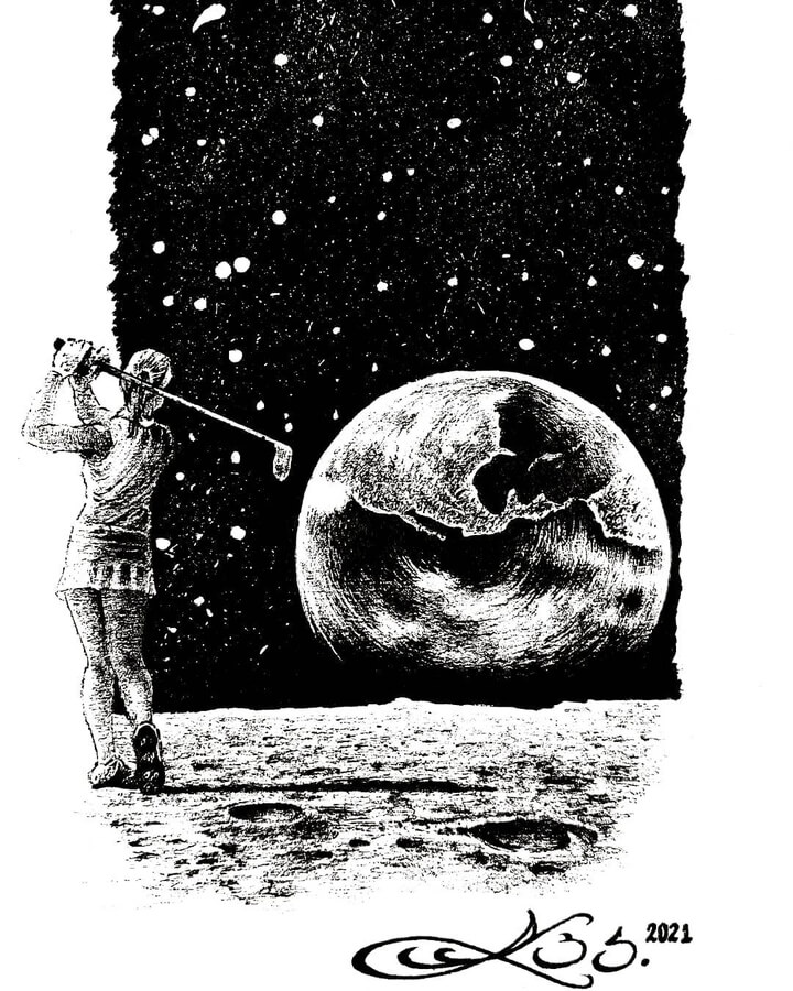 01-Golfing-on-the-moon-Black-and-White-Drawings-Leonardo-Bringas-www-designstack-co