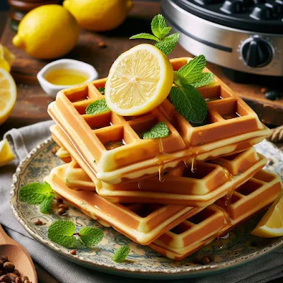 Auf dem Bild ist ein Teller mit frisch gebackenen Waffeln zu sehen. An den Rändern tropft der Honig herunter. Die Waffeln sind mit Zitronenscheiben garniert.