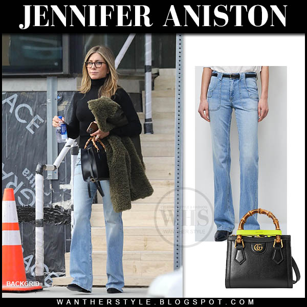 Jennifer Aniston in flared jeans and black sweater