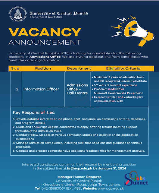 University of Central Punjab Jobs in Lahore 2024 Advertisement